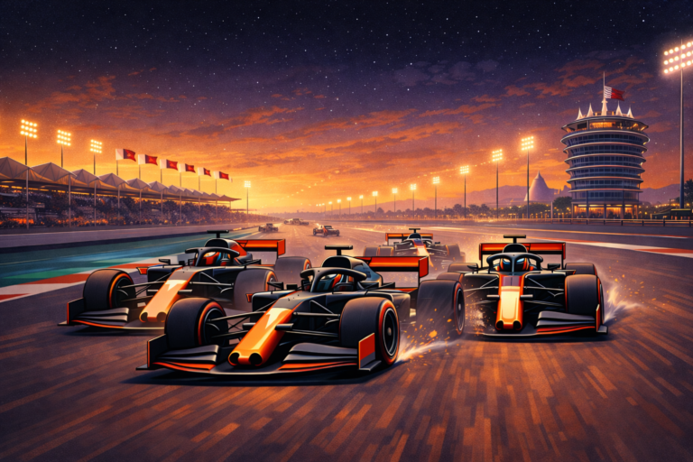Formula 1 cars racing at sunset