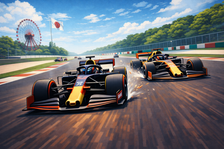 Two racing cars on a track Japan 2025 F1