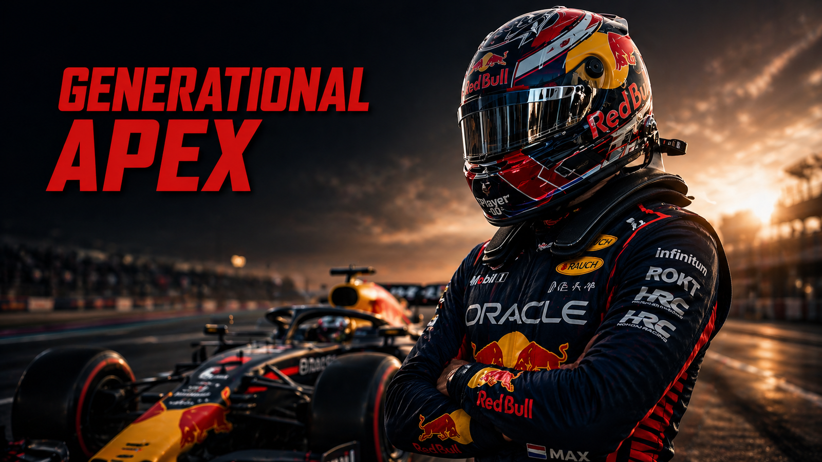 Max Verstappen driving during a dramatic Formula 1 race scene